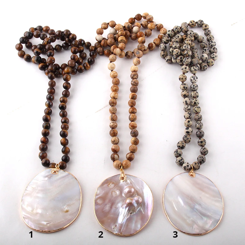 Fashion Natural stone Long Tiger Eye Knotted With Shell Pendant Necklace Women Lariat Necklaces