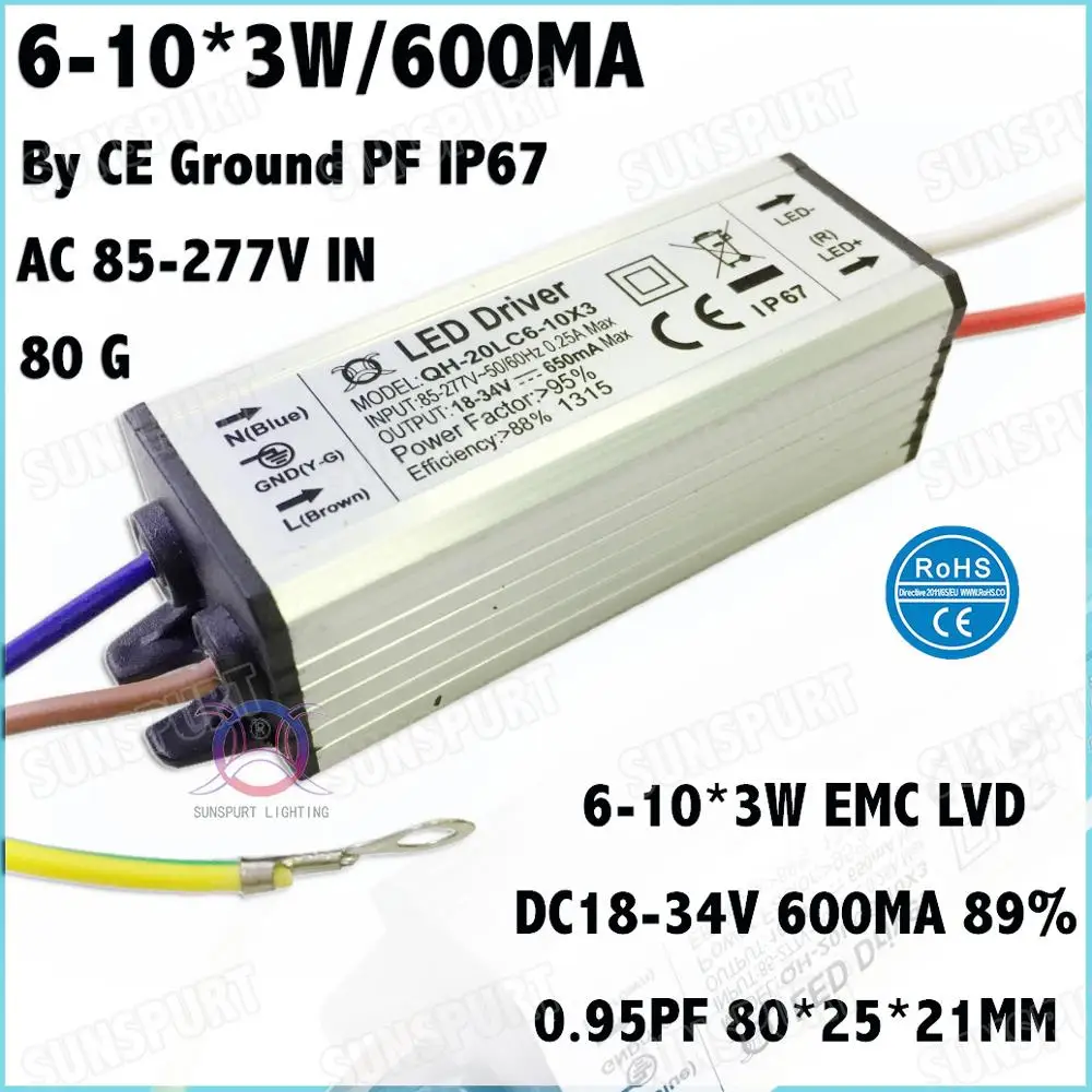 

5 Pcs CE IP67 Ground 20W AC85-277V LED Driver 6-10Cx3W 600mA DC18-34V Constant Current LED Power For Ceiling Lamp Free Shipping