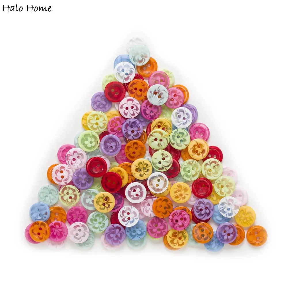 Transparent Pattern Flower 100pcs 2 Hole Round Mixed Resin Buttons Sewing Scrapbooking Clothing Fabric Covered DIY 14mm