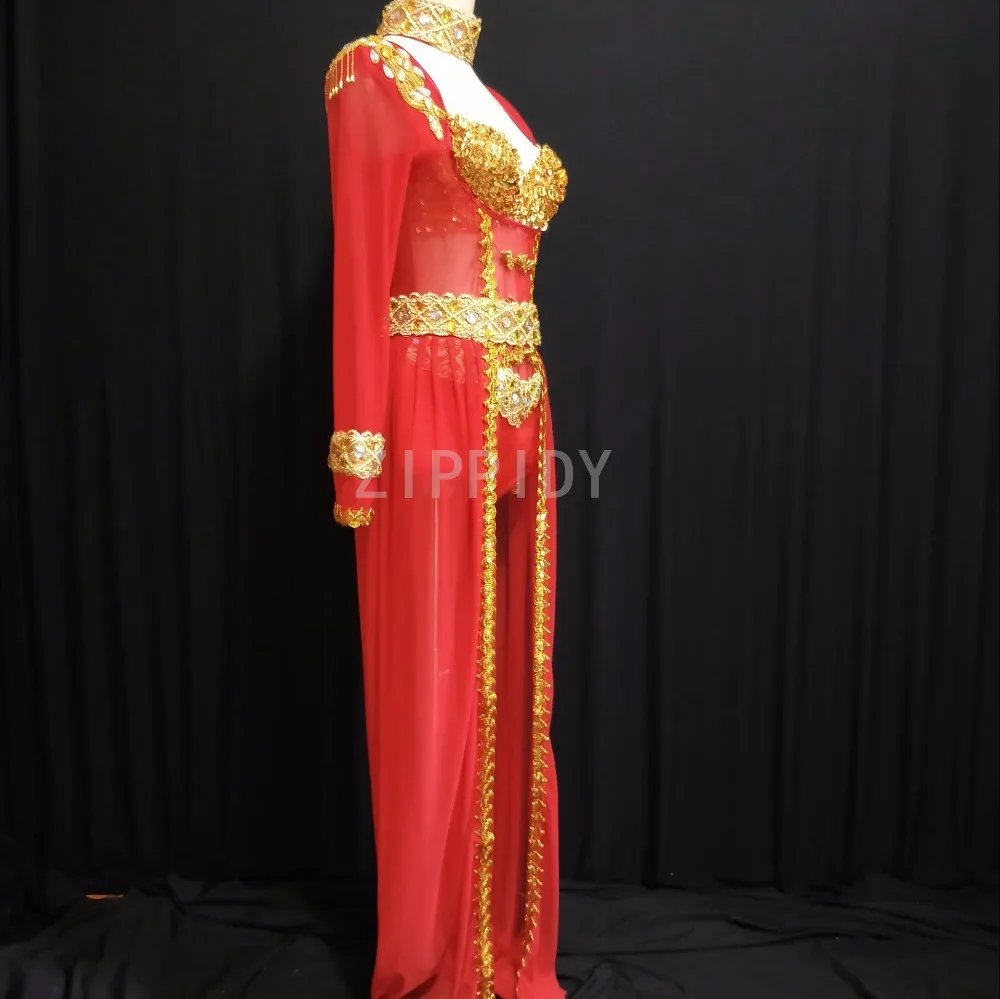 Women Fashion Dance Costume Red  Gold Bodysuit Skirt Stage Performance Two Pieces Outfit Female Singer Birthday Clothing