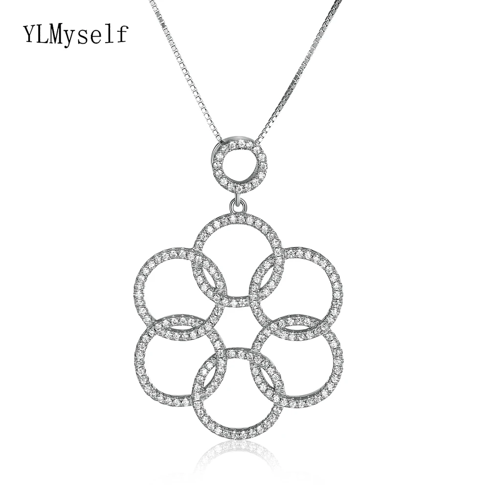 

Big silver round suspension chain necklace micro pave crystal stones white flower jewelry nice 925 sterling silver pendants