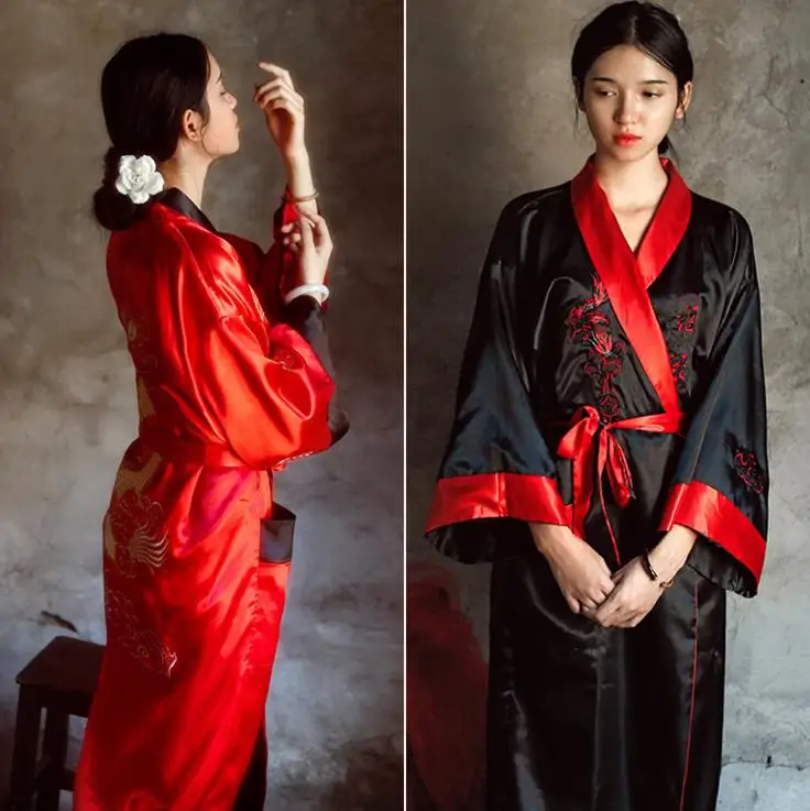 Novelty Reversible Black Red Women Satin Kimono Handmade Embroidery Dragon Nightgown Robe Gown Two Side Sleepwear
