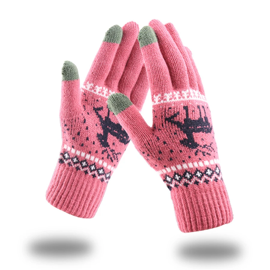 New Jacquard Warm Fawn Gloves Women Touch Screen Glove Lady Winter Velvet Wool Gloves Female Christmas Mittens Glove wholesale