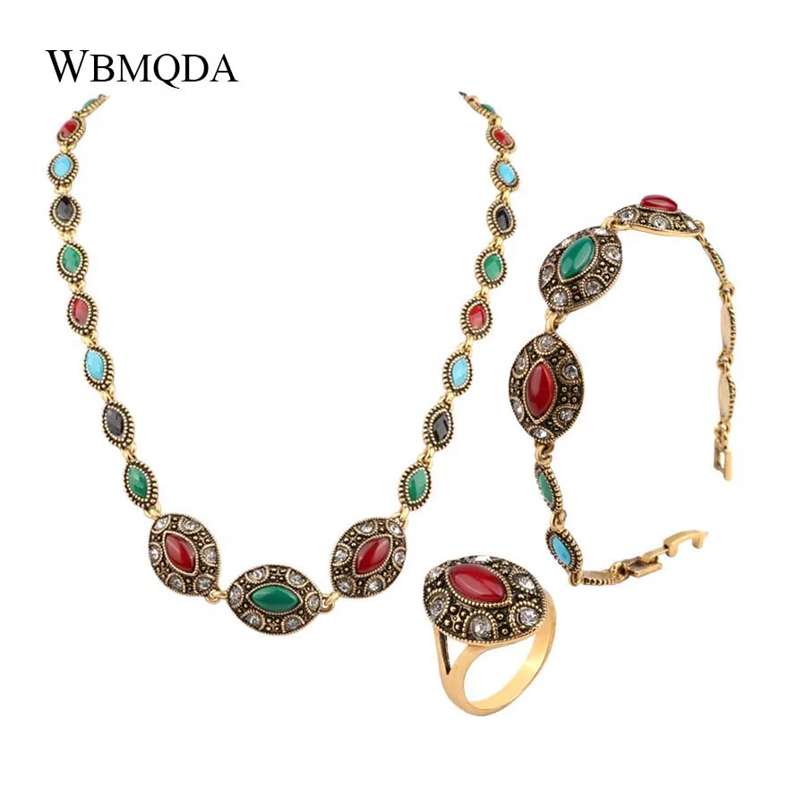 3 Pcs/lot Ethnic Gold Turkish Jewelry Sets Vintage Crystal Necklace Bracelet Ring Women Colorful Stone Boho Jewellery 2018