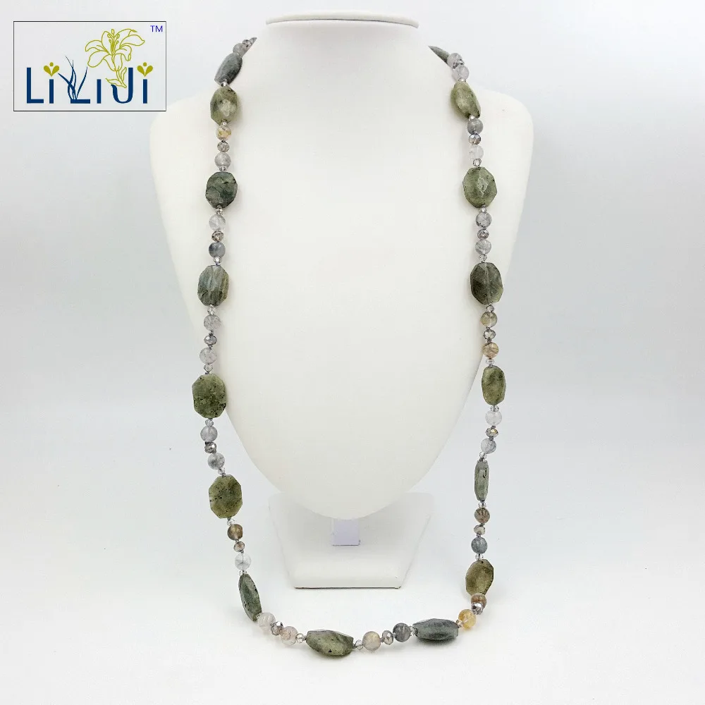 LiiJi Women's Long Fashion Necklace 91cm Grey Quartz round Beads Labradorite Facted & Grey Crystal