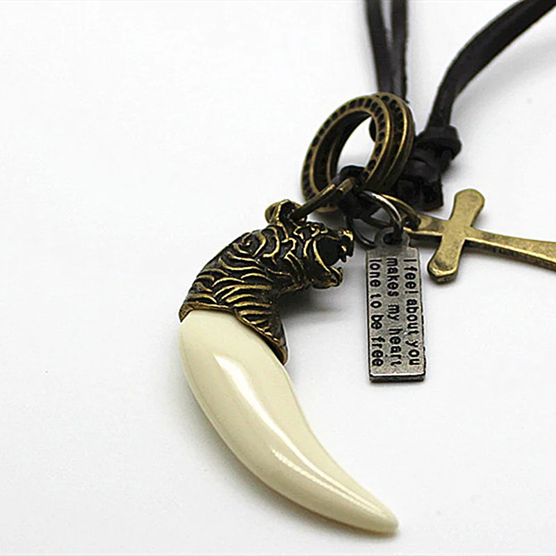 XiongHang Fashion Handmade Tiger Tooth Teeth Pendant Charms Necklace Leather Necklaces For Men Vintage Style Pendant Charms