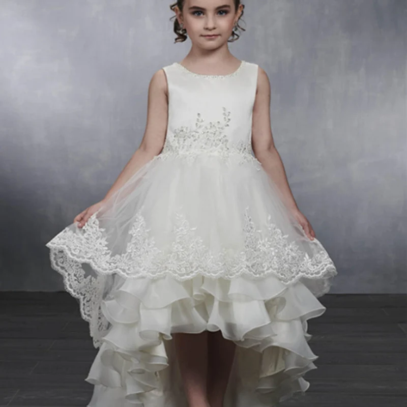 

Luxurious Flower Girl Dress Beading Tulle Lace Appliques Cascading Lace Up Sleeveless Birthday Pageant Holy Communion Dresses