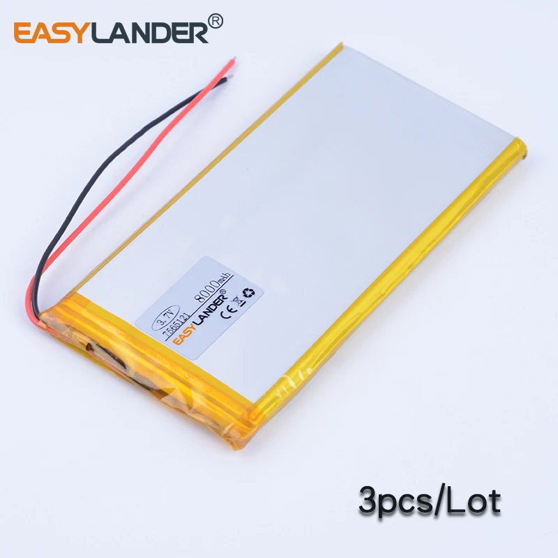 

3pcs/Lot 7565121 3.7V 8000mAh Rechargeable li Polymer Li-ion Battery For Tablet PC panel E-Book Power Bank Portable Consumer DVD