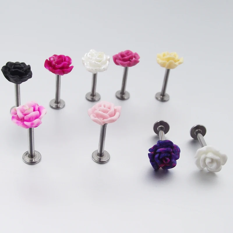 1 Piece 16G 1.2x8mm Rose Flower Labret Ring Flowers Lip Rings Earring Tragus Ear Piercing Body Jewelry