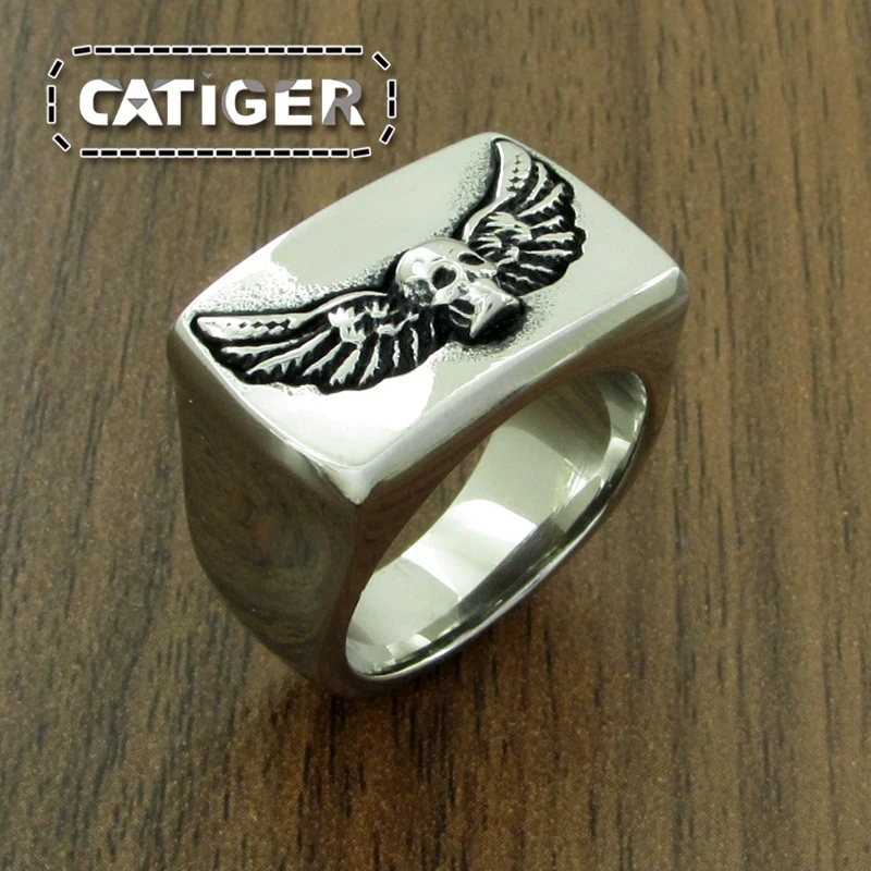 Punk 316L Stainless Steel Feather Skeleton Rings Cool Silver Color Black High Polishing Wings Skull Ring Jewelry