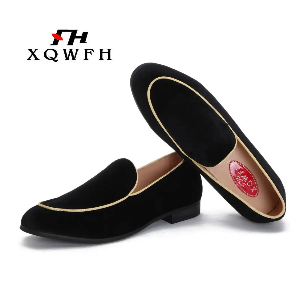 XQWFH Men Black Flock Loafers Noble Moccasins Shoes Men's Solid Casual Shoes Slip On Slippers Driving Flats Wedding Dress Shoes