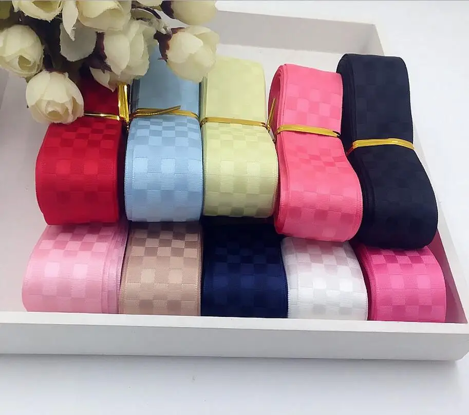 5 yards  25MM polyester lattice with Korean ribbon 2.5cm double face Satin grid strip with DIY material