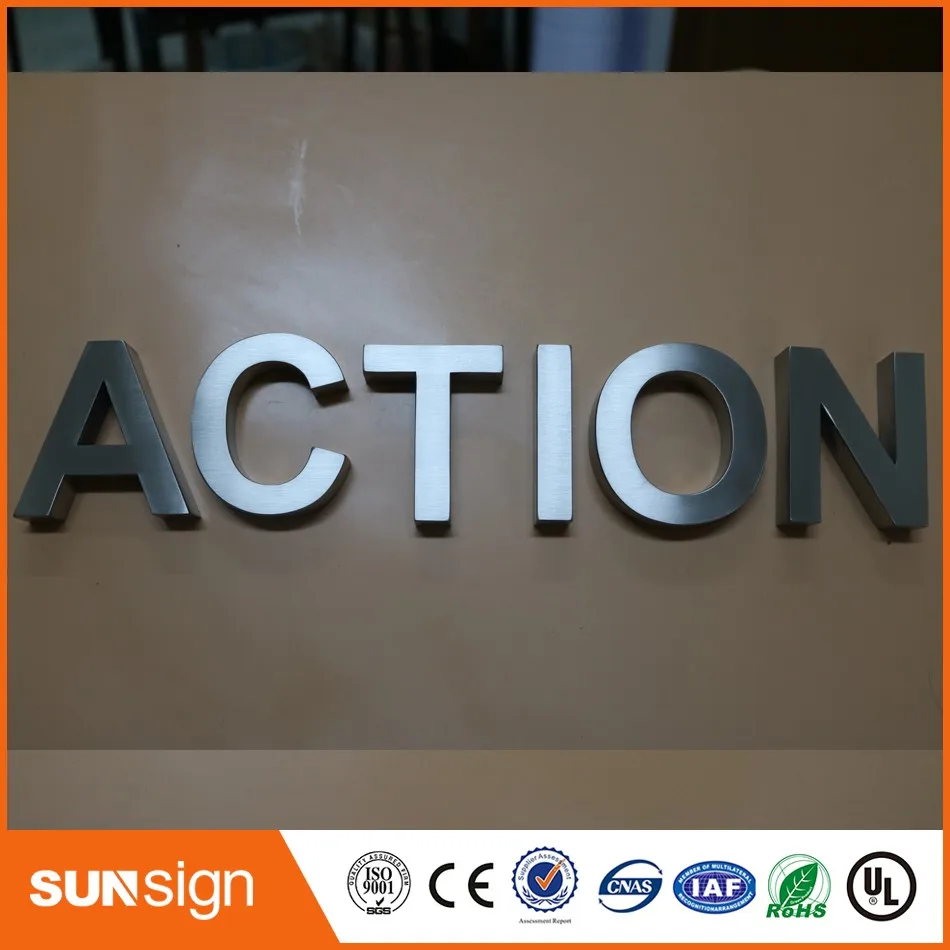 Letras em aço inoxidável 3d com superfície escovada para decoração de parede