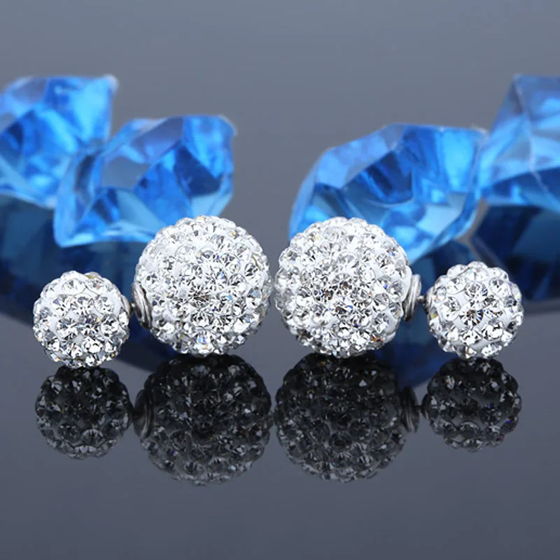 Real Pure Solid 925 Sterling Silver Stud Earrings for Women Jewelry Double Sided Crystal Ball Cubic Zircon Female Earrings Charm