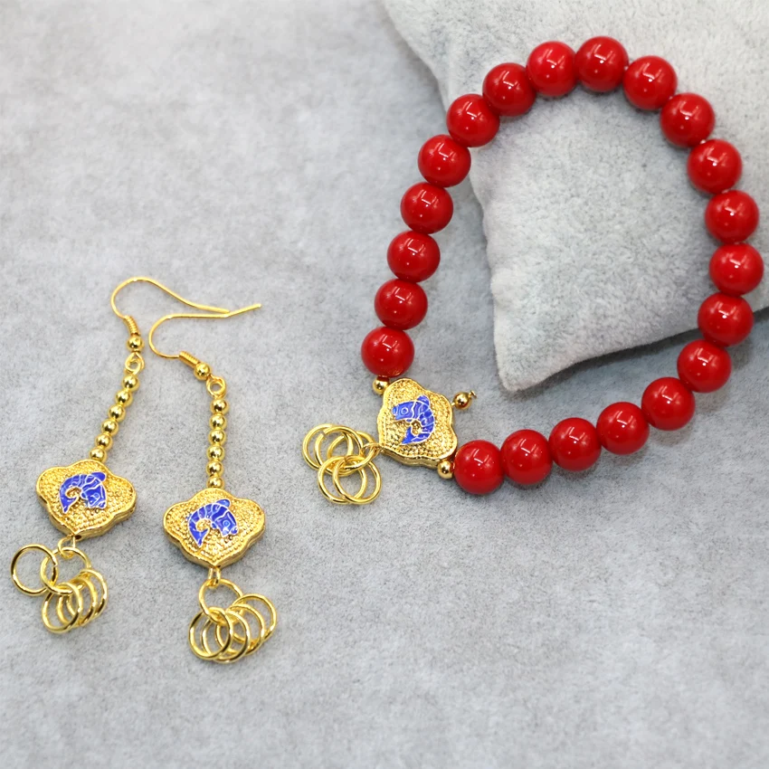 Red artificial coral round beads 8mm strand bracelet earrings for women high quality cloisonne jewelry set 7.5inch B3029