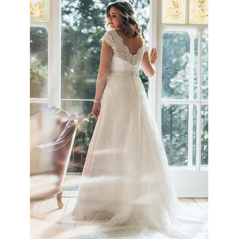 Elegante V-ausschnitt Kappen-hülsen Plus Größe Hochzeit Kleider mit Perlen Schärpe A-linie Vestidos de Novia Weiß/Elfenbein Spitze Braut kleid