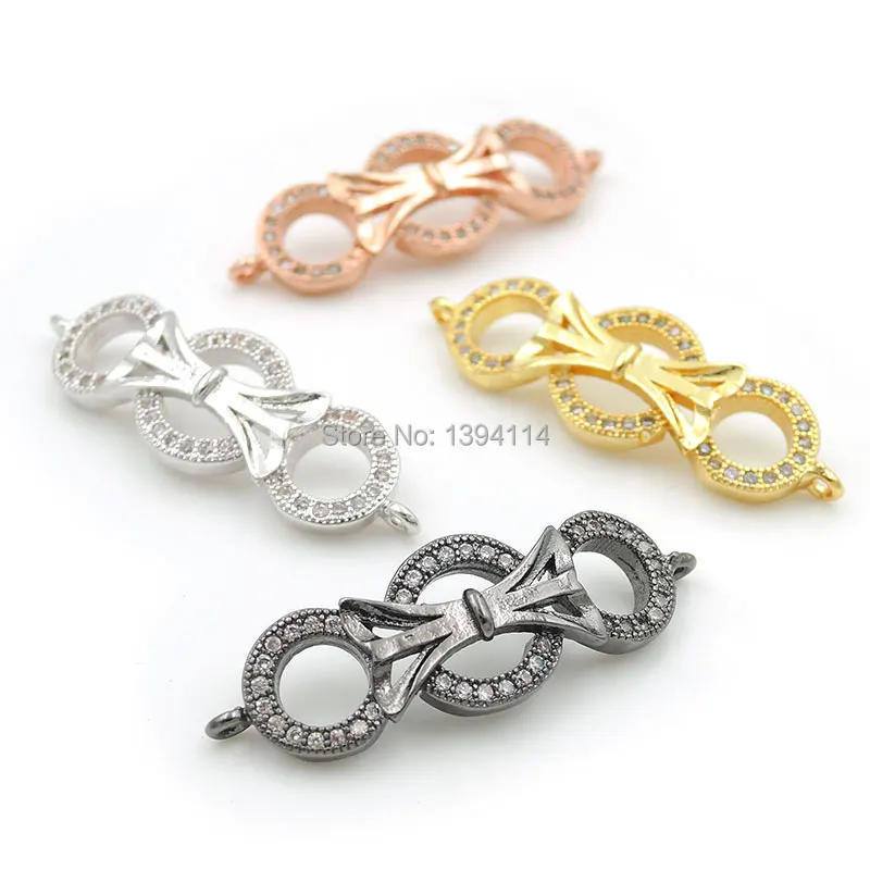 

30*10*3mm Micro Pave Clear CZ Arc Combination Connector Of 3 Circles And Bowknot Fit For Women As DIY Bracelets Accessory