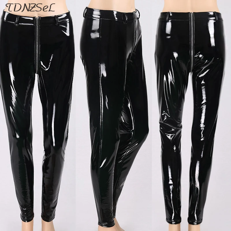 Pantalon Long en Latex et caoutchouc pour femmes, fermeture éclair au dos, cuir Pu, noir, rouge, PVC, crayon Sexy, entrejambe ouvert, pantalon slim pour boîte de nuit érotique