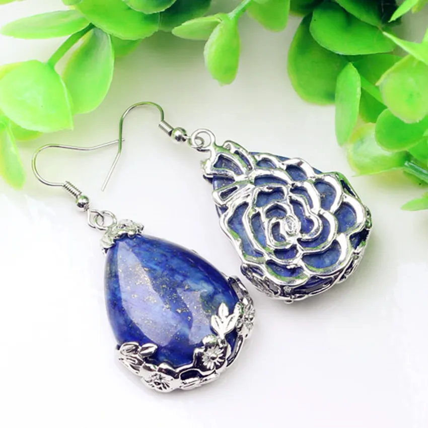100-Unique 1 Pair Silver Plated Water Drop Lapis Lazuli Dangle Earrings Elegant Women Earrings For Anniversary Gift
