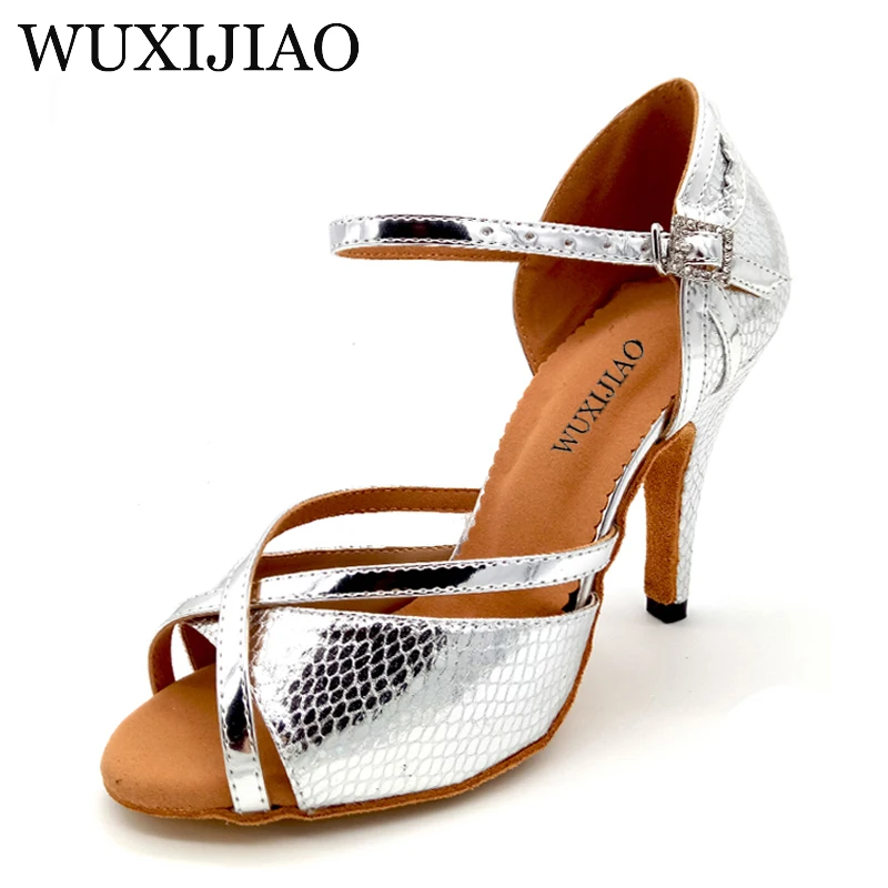 WUXIJIAO 2018 New Women Snake texture PU Silver Shoes For Dance Shoes Ladies Latin Ballroom Salsa Dance Shoes Sandals