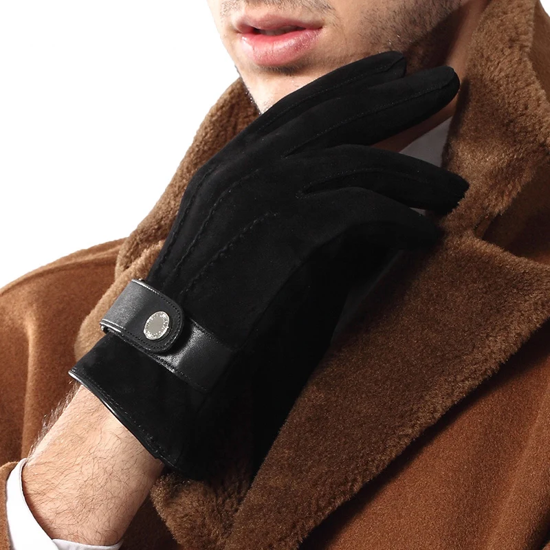 Genuine Leather Gloves Male Fashion Trend Black Suede Sheepskin Gloves Autumn Winter Plush Lined Men Gloves 9007