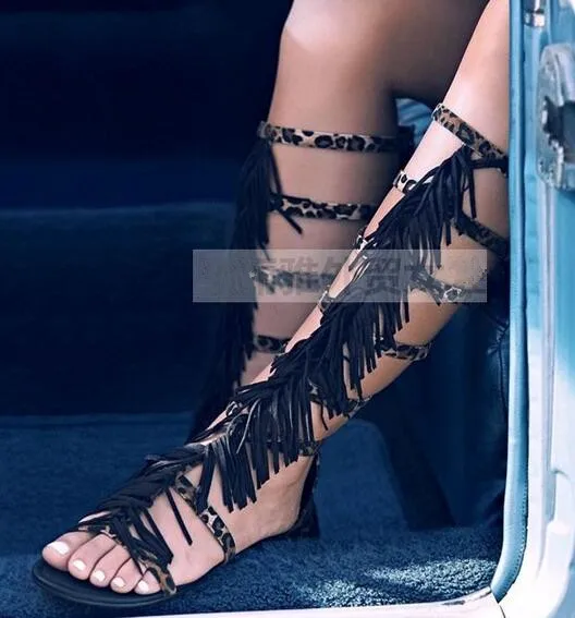 Size 35-43 tassels narrow band cut-outs gladiator knee high boots peep toe buckles strap flat sandal fringed knee boots