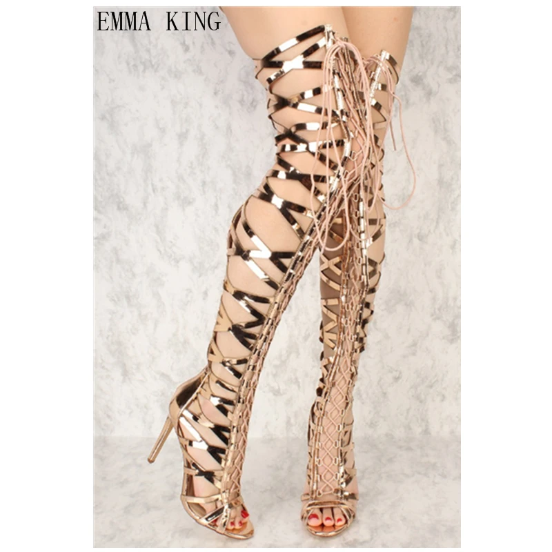 Emma King Women Summer Lace Up Thigh High Boots Stilettos Sexy Peep Toe Over The Knee Sandals Cross-tied Gladiator Party Shoes43