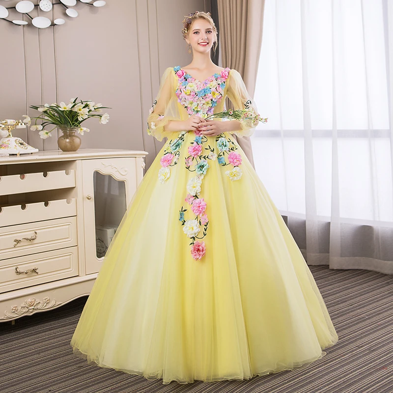 Trajes De Quinceaneras 2022 Nieuwe Gele V-hals Lange Mouwen Jurken Kant Bloem Plus Size Custom Made Prom Gown L