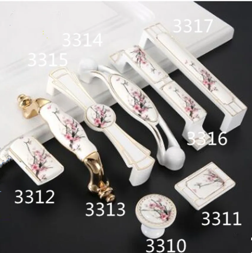 

96mm 128mm modern fashion plum blossom ceramic kitchen cabinet cupboard door handles gold white dresser drawer knobs pulls 5"