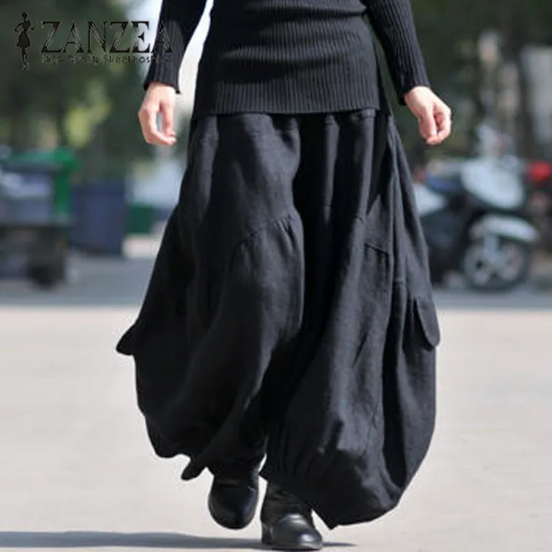 2023 ZANZEA Women High Elastic Waist Lantern Pantalon Loose Baggy Cargo Pants Solid Cotton Linen Long Wide Leg Trousers Oversize