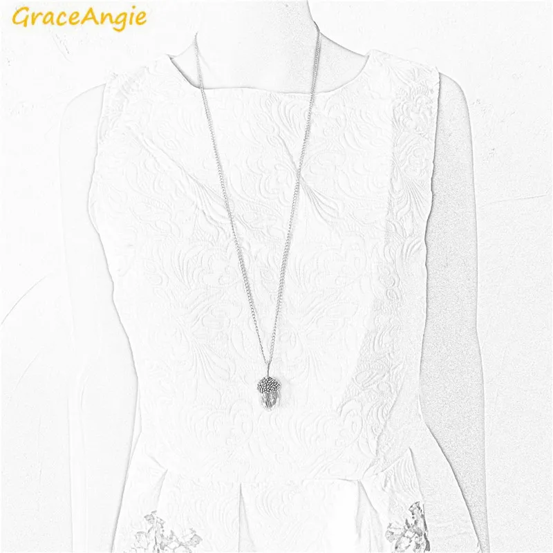 GraceAngie Alloy Silver Color 3D Acorn Pendant Necklace Metal Link Chain Punk Women Men Long Sweater Chain Jewelry Accessory