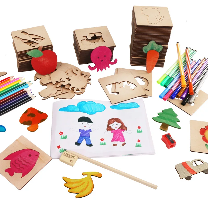 100pcs set Wooden toys for Children Drawing toy board School Paint Tools Educational Coloring Book Paint Learning Coloring