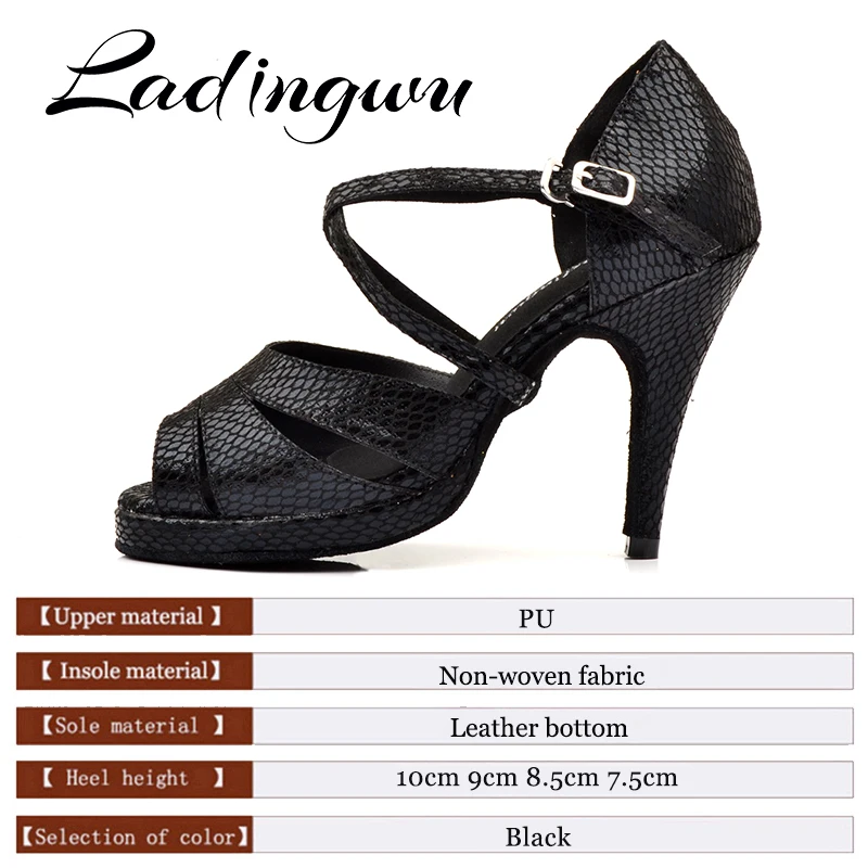 Ladingwu Dance Shoes Salsa Women Waterproof Platform Latin Dance Shoes Ladys Ballroom Tango Dance Shoes Black Snake Texture PU