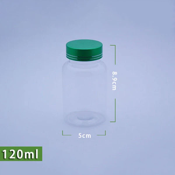 

100pcs 120ml Transparent PET Plastic Bottles, Capsules/Pills/Powder/Vitamin Medicine Empty Containers -- Green Metal Caps