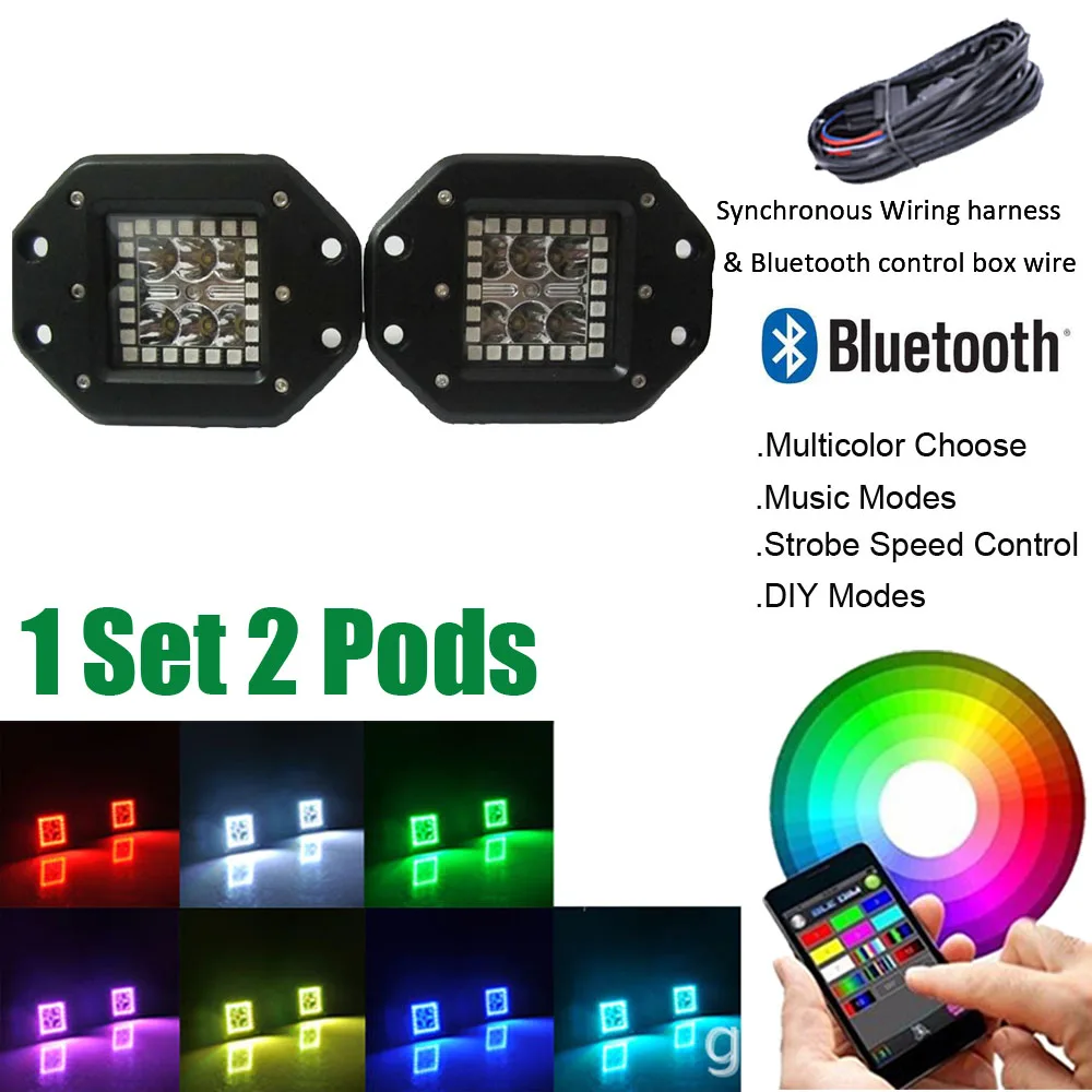 

2pcs 60W 5" Flush Mount LED Work Light Cube Pods Spot/Flood Beam with RGB Halo Kit Color Change Music Flash Strobe App Control