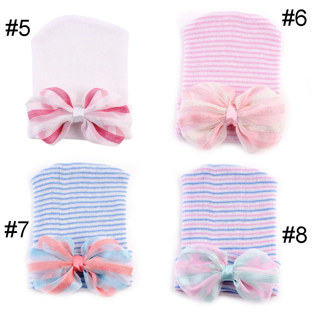 Newborn Hospital Hat Infant Baby Hat Cap with Big Bow Soft Cute Knot Nursery Cotton Knitted Beanie 1pc