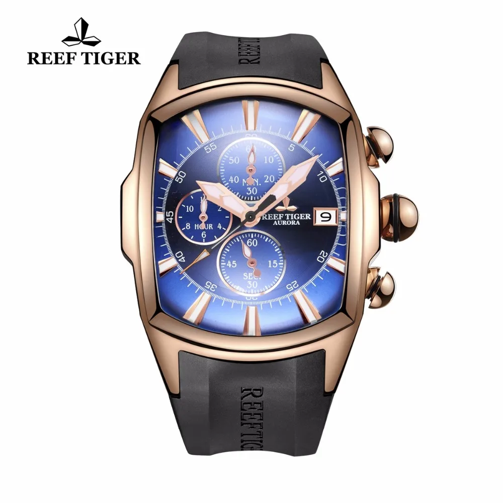 Reef Tiger/RT Big Pilot Watches Mens Luxury Rose Gold Rubber Strap Waterproof Sport Clock Date RGA3069-T