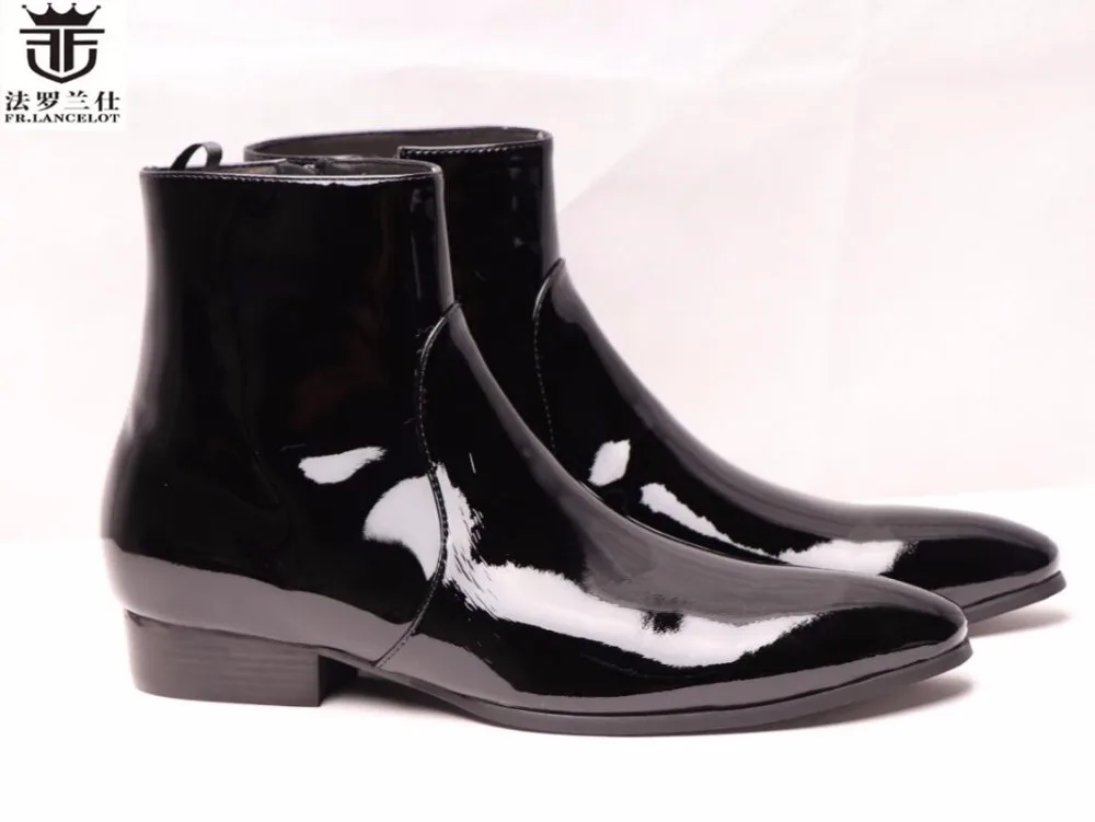 FR.LANCELOT fashion boots male chelsea fashion patent leather men's boots high-top shoes side zipper medium cut leather Boots