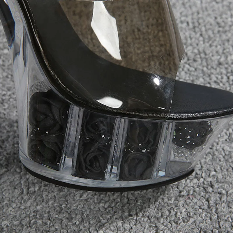 2020 New Flower Platform Sandals Women Thin High Heels Summer Shoes Woman Party Wedding Transparent Crystal Slippers WS0118