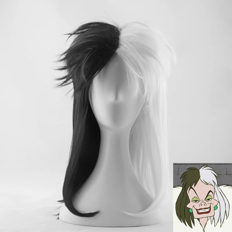 CRUELLA Deville De Vil Half White Half Black Heat Resistant Hair Cosplay Costume Wig + Free Wig Cap