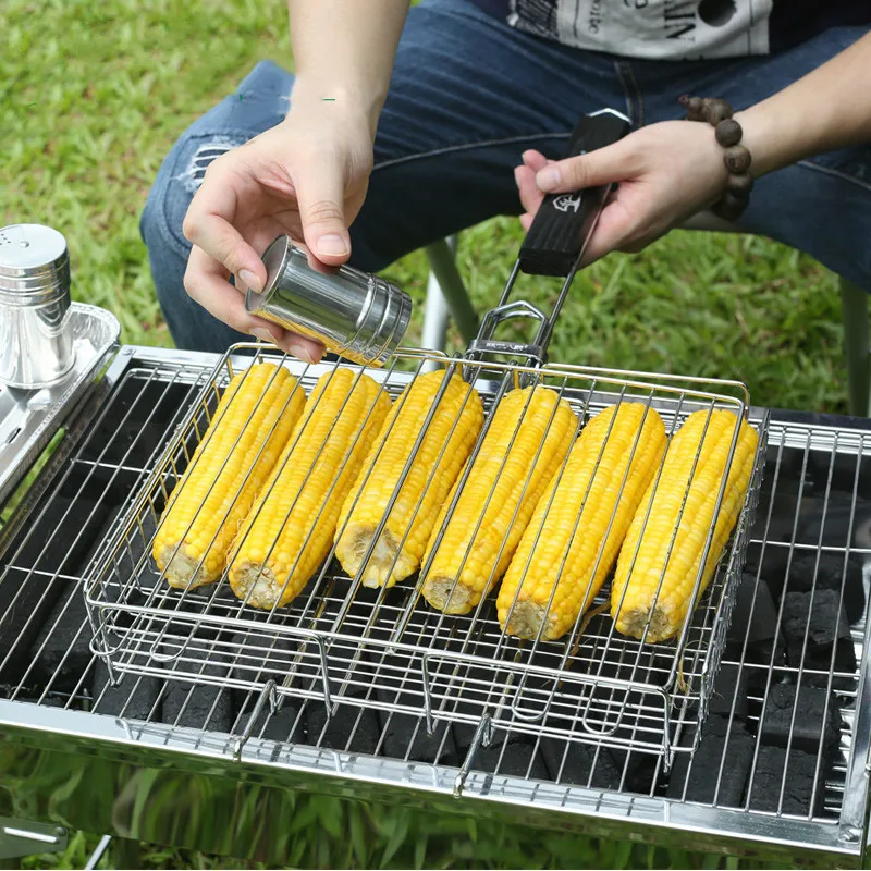 Barbecue Grilling Basket Wood handle Adjustable Folding BBQ Basket Steak Fish Corn Vegetable Grill Net Rack Mesh BBQ Accessories