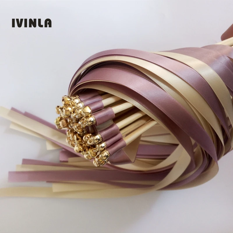 

NEW style Gorgeous Champagne and purple stain ribbon wands streamers with gold bell for wedding party