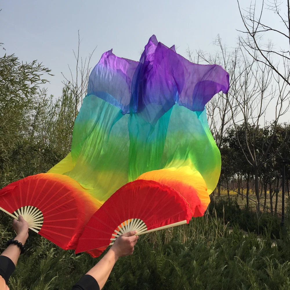 Free-shipping mixed Rainbow colors 100% real silk long Fan Veils for Belly Dancing or Stage Show