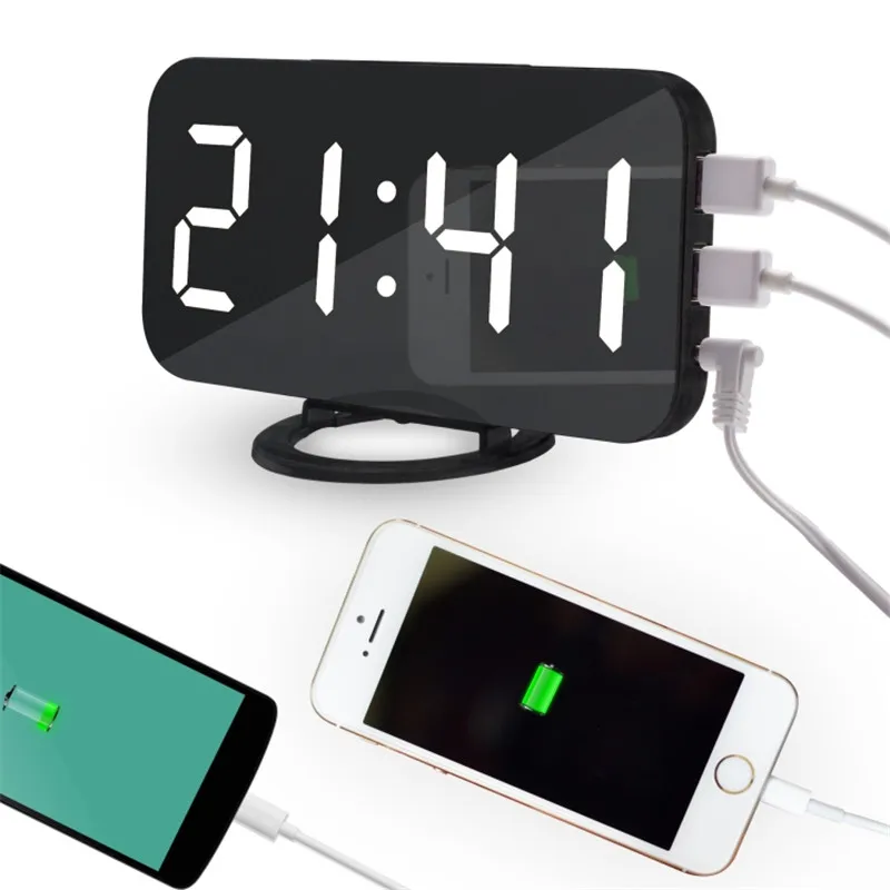 LED Display Time Digital Alarm Clock Speak Voice Modern Mirrored Electronic Phone Charging Usb Connection Snooze Function Table