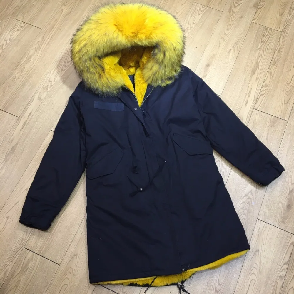 Bright Yellow Faux Fur Lined Parka Navy Cotton Long Overcoat For Women Winter Raccoon Fur Collar Coat