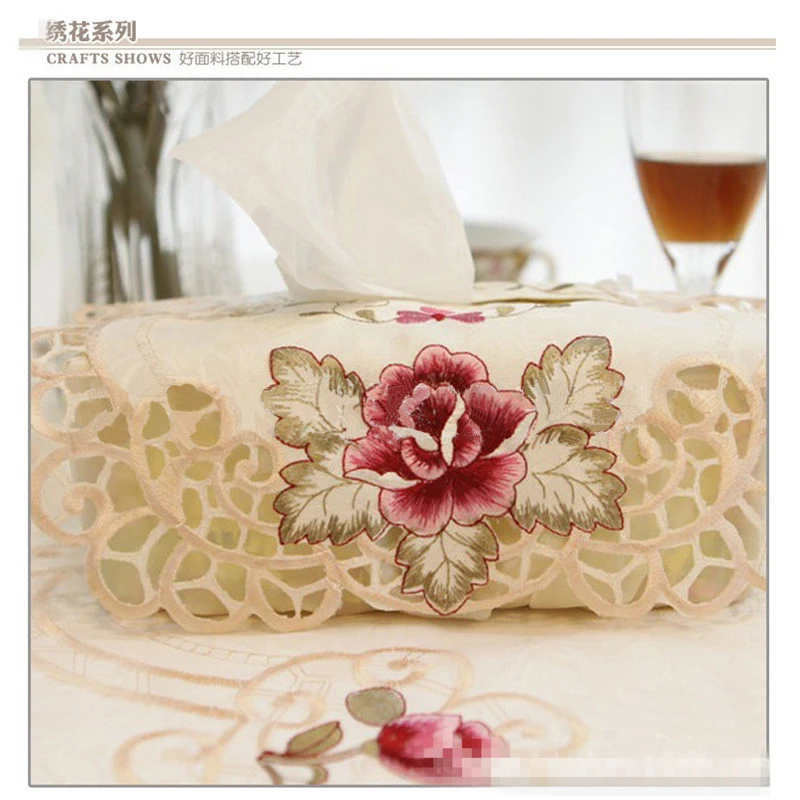 European Style Rose Embroidered Tissue Box, Rectangular Drawing Paper Box, Dinning Accessories, Facial Tissue Holder