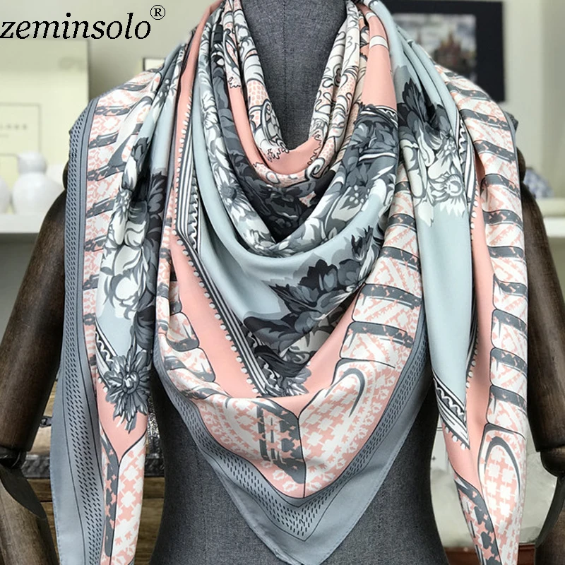 Neck Scarf Shawl Women Floral Print Bandana 100% Twill Silk Scarves Square Kerchief Foulards Femme Scarf Hijab Stole 130*130cm