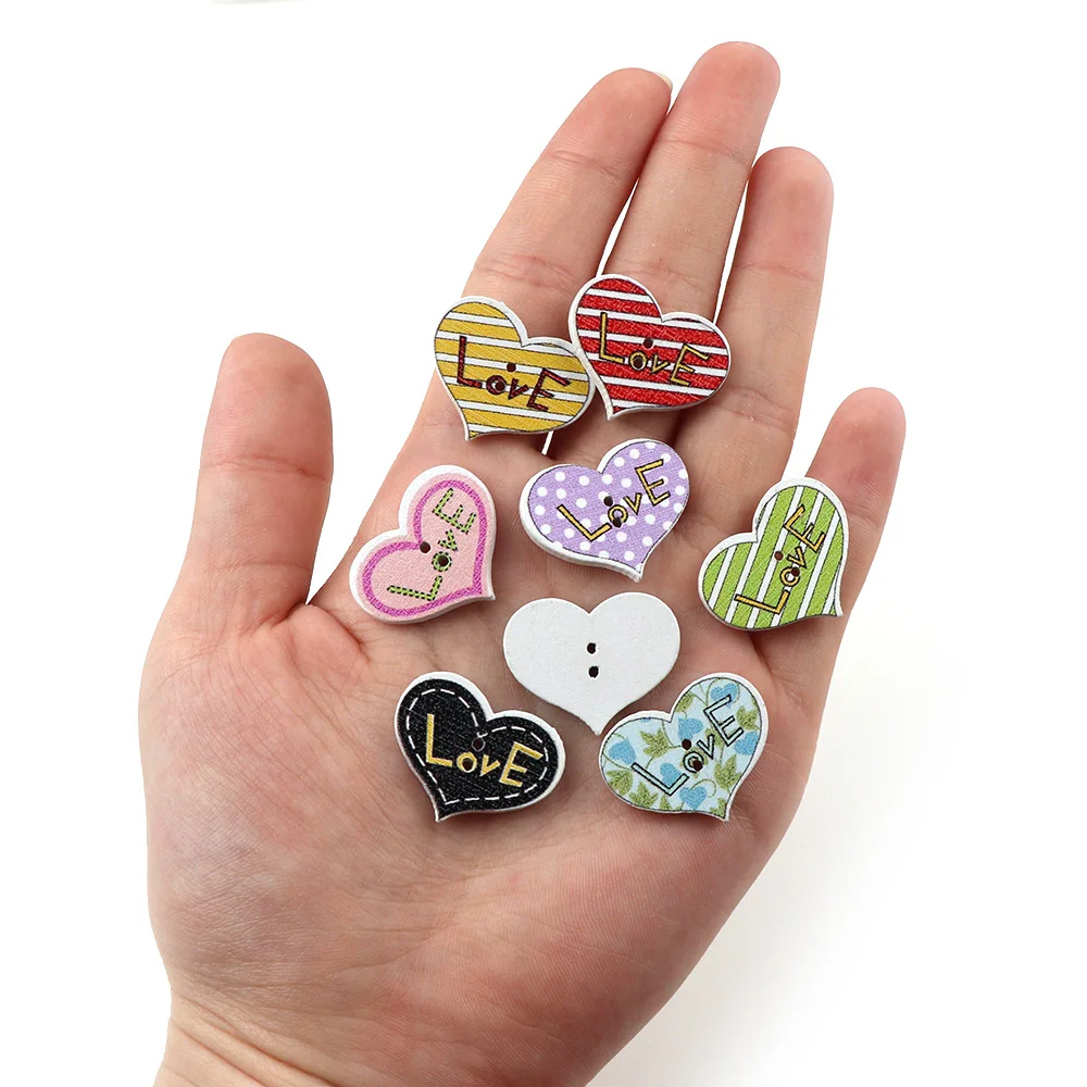 50PC 20x25mm Mixed Color 2 Holes Decorative Buttons Love Heart Shape Cartoon Animals Wood Buttons Sewing Scrapbooking