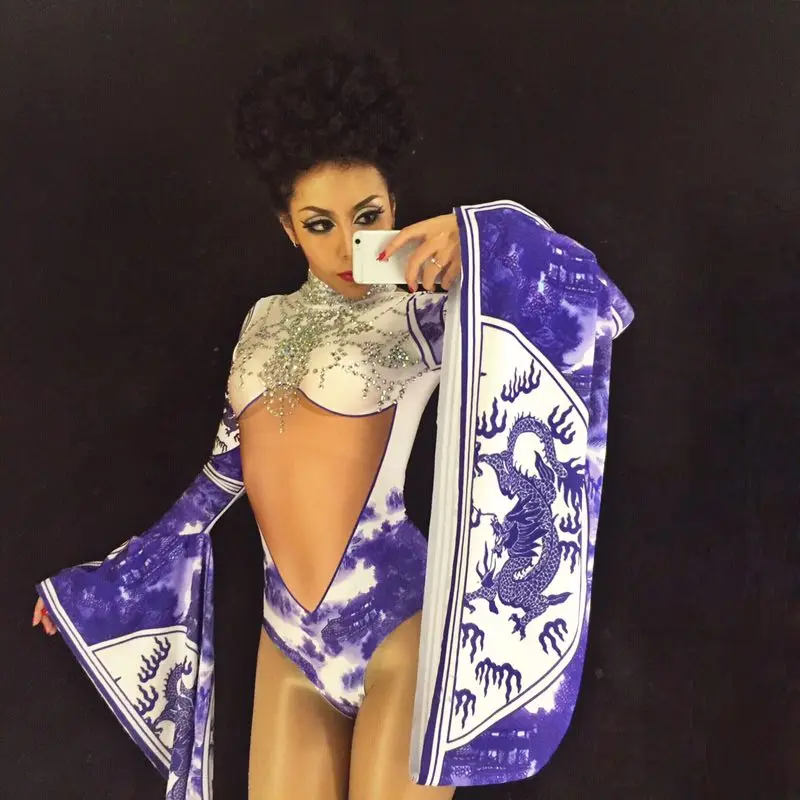 

New Sexy Chinese Blue And White Porcelain Rhinestone Bodysuit Female Singer Print Stage Wear Bodysuit One-piece Costume Glisten