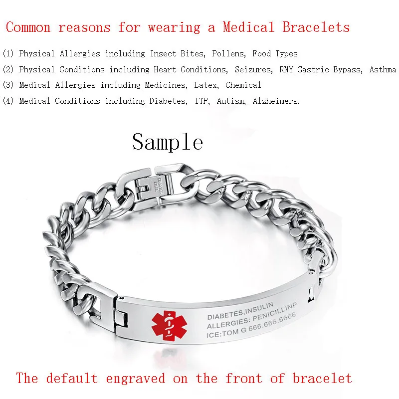 Vnox Customized Medical Remind Stainless Steel Bracelet Personalized ICE Info Emergency Jewelry